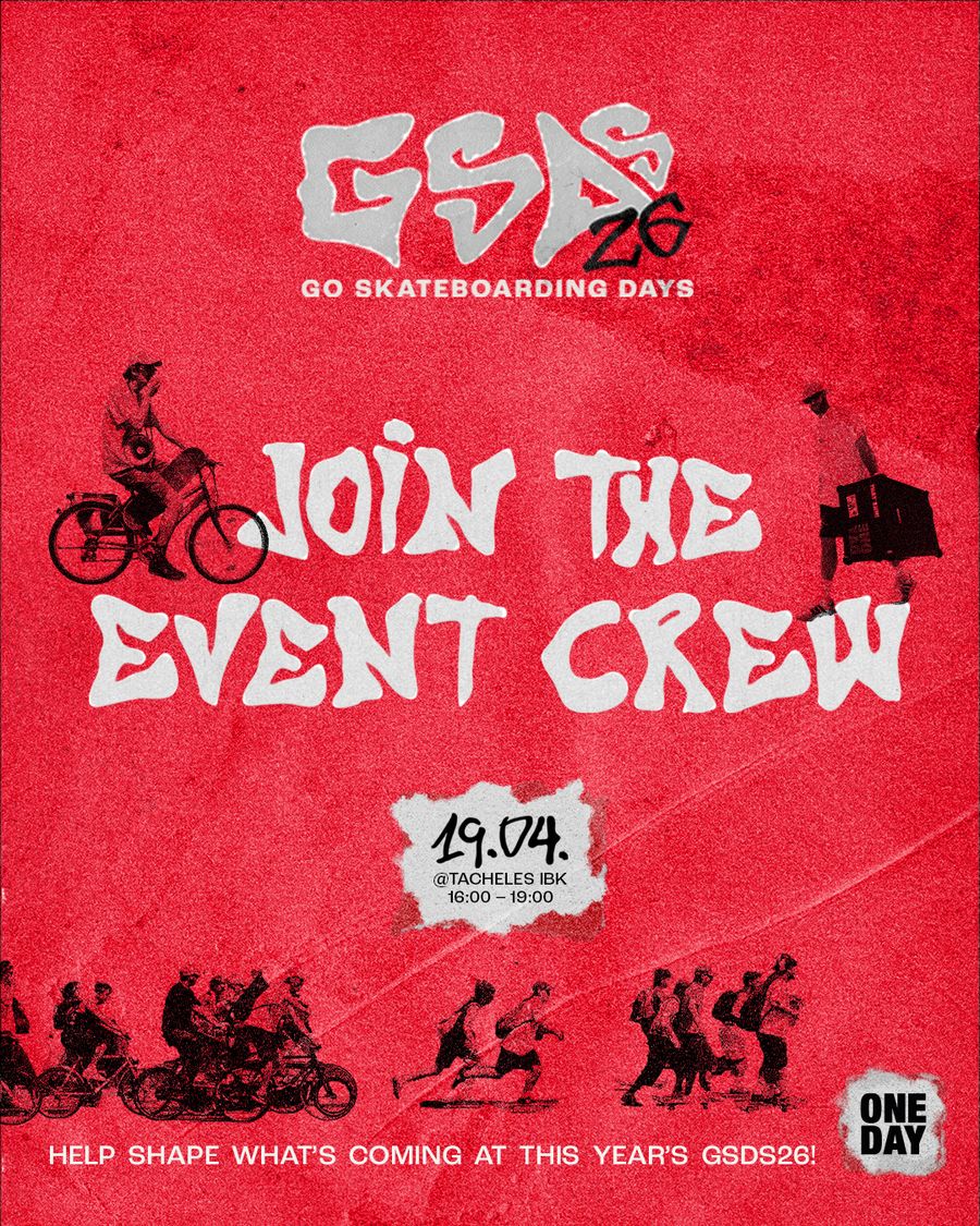 Join the Event Crew workshop poster — 19 April, Tacheles IBK, 16:00–19:00. Help shape GSDS'26.